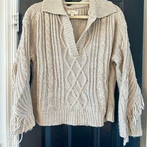 Elan Matera sweater oatmeal/tan with fringe on sleeves and back. Size M